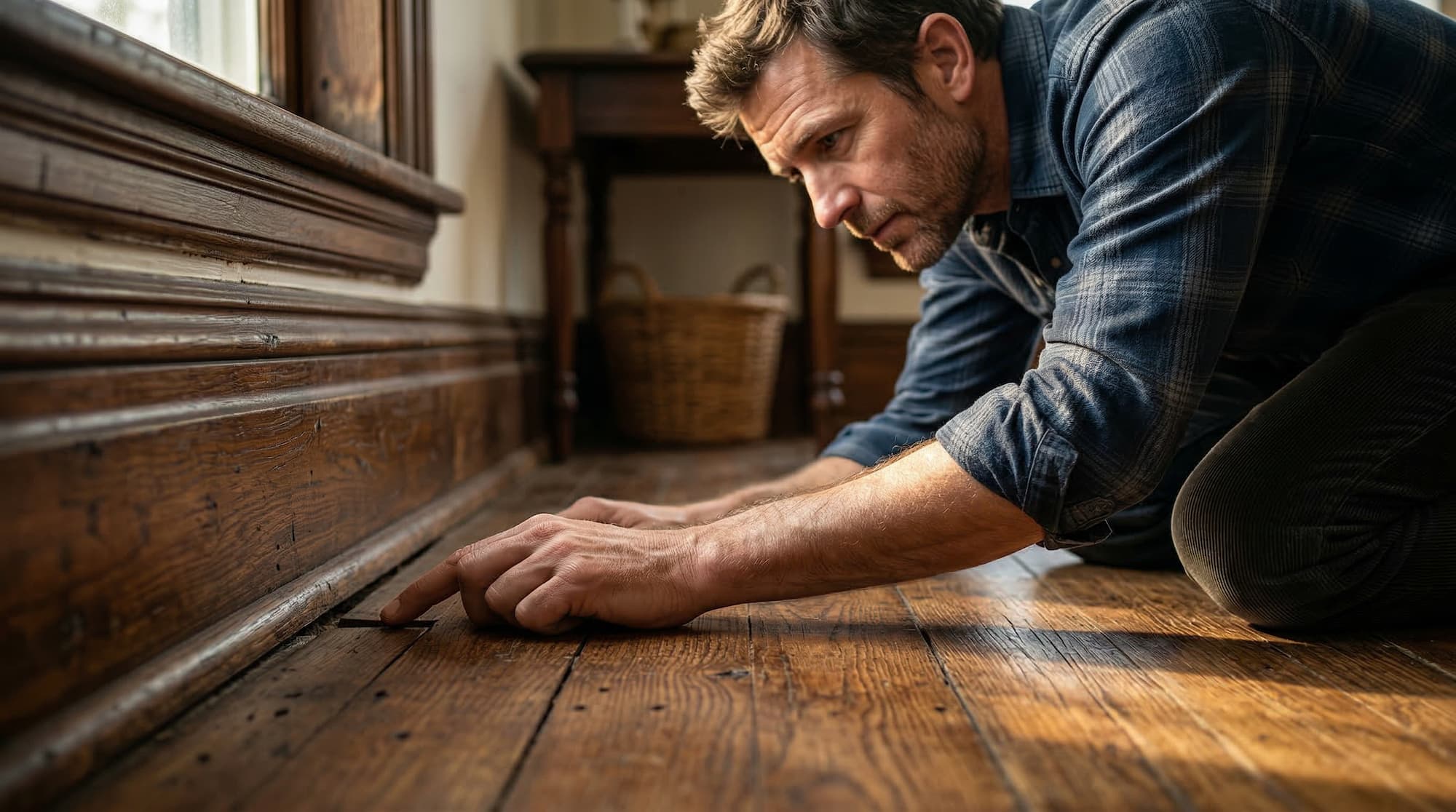Homeowner examining a gap between baseboard and floor, a common sign of foundation movement in Oklahoma homes