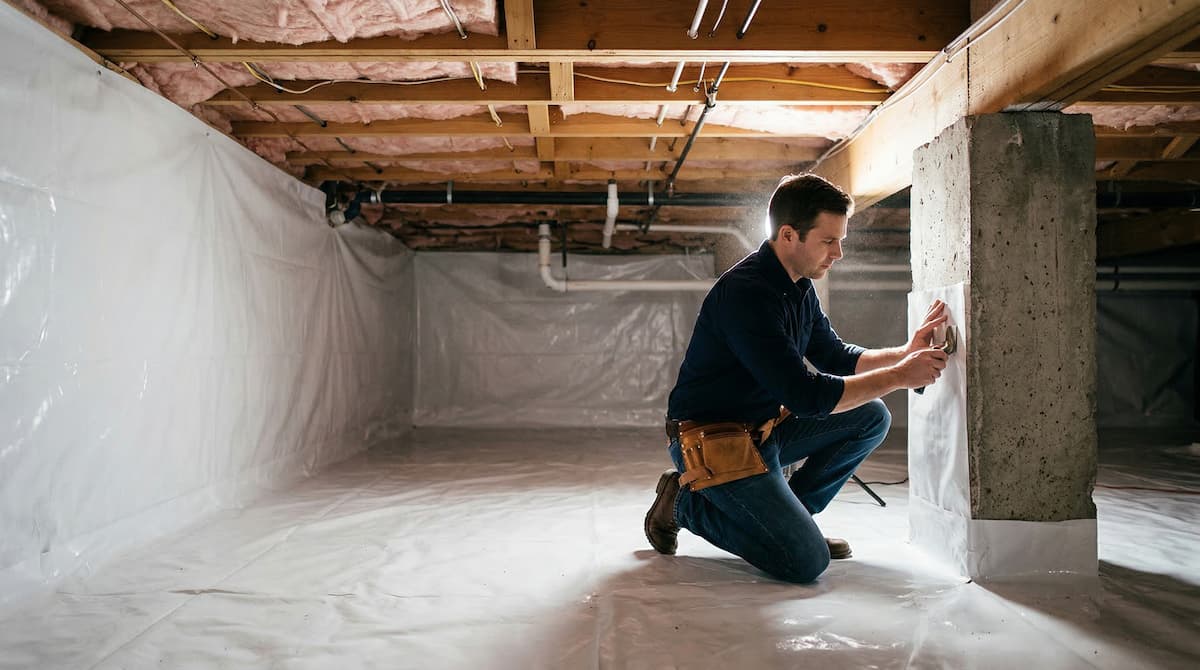 Crawl space encapsulation installation beneath an Oklahoma home, showing vapor barrier liner covering the ground and walls