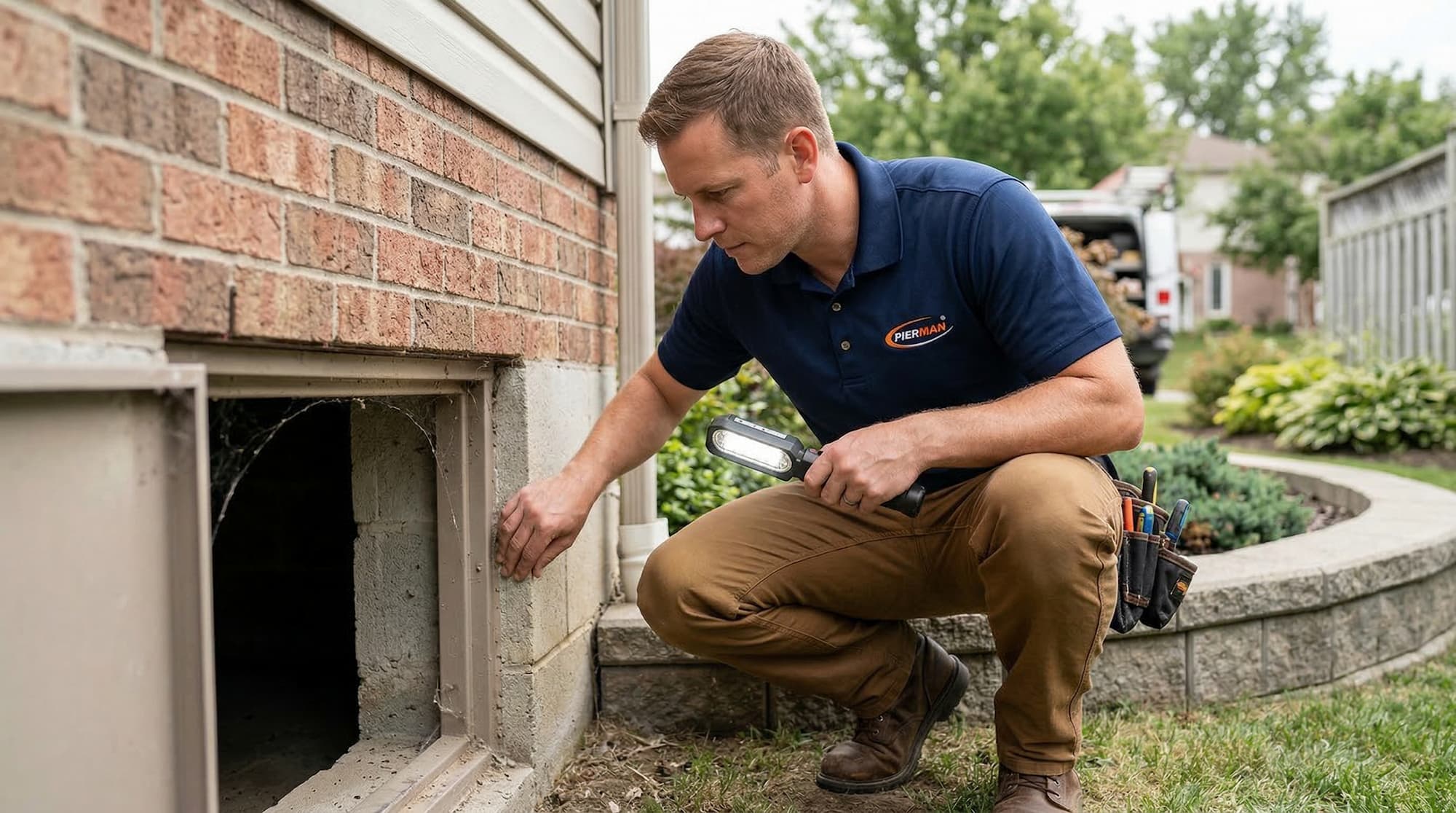 Foundation inspector examining pier and beam crawl space beneath an Oklahoma home