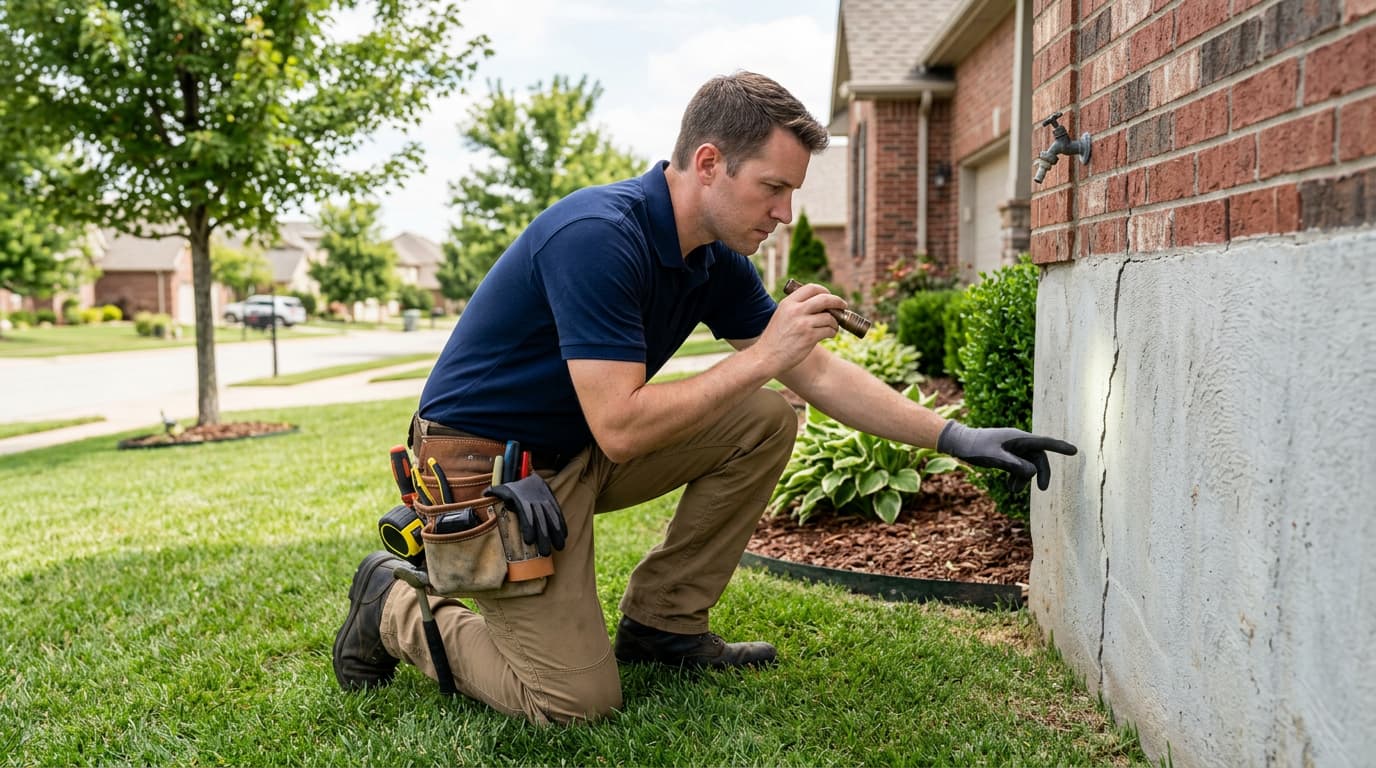 Oklahoma Foundation Problems Guide for Homeowners Oklahoma homeowner inspecting foundation crack along the base of a brick home exterior