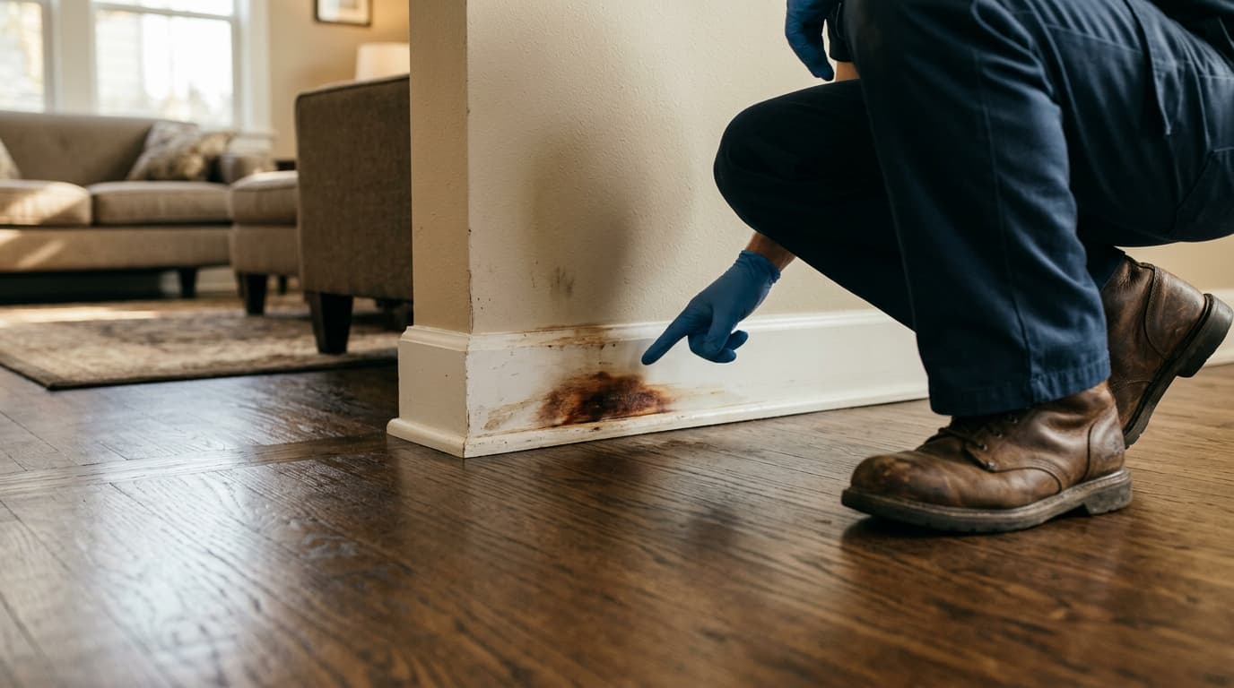 Signs of Crawl Space Moisture Problems in Oklahoma Homes Oklahoma home crawl space showing moisture damage on wooden floor joists and beams