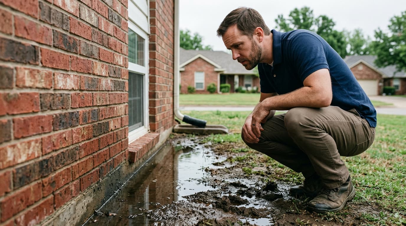Foundation Settlement from Oklahoma Drought and Rain Cycles Cracked Oklahoma home foundation showing settlement damage caused by drought and heavy rain cycles