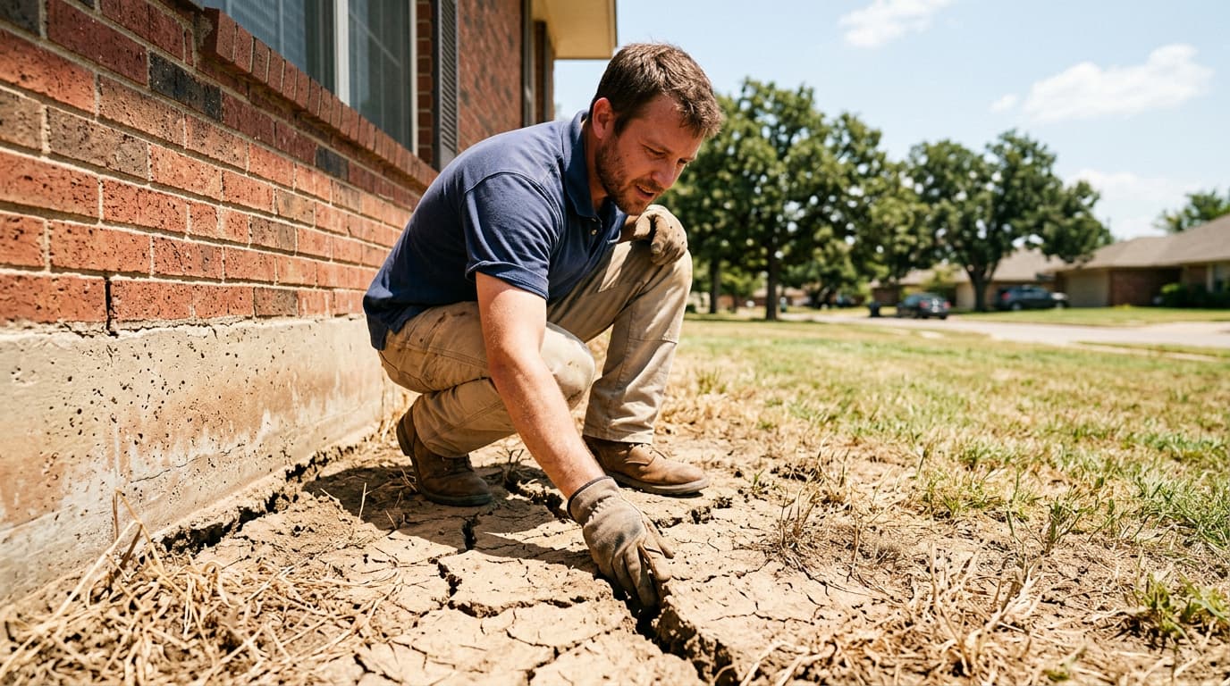 Foundation inspection at a Durant Oklahoma home showing settlement damage from drought and heavy rain cycles in Bryan County