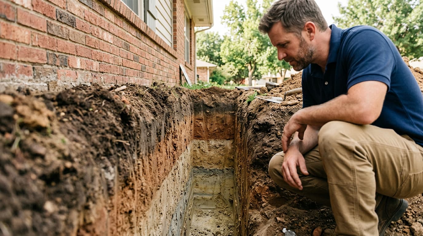 How Deep Foundation Piers Go in Oklahoma Foundation pier installation depth check at an Oklahoma home showing steel pier sections being driven below the active clay zone