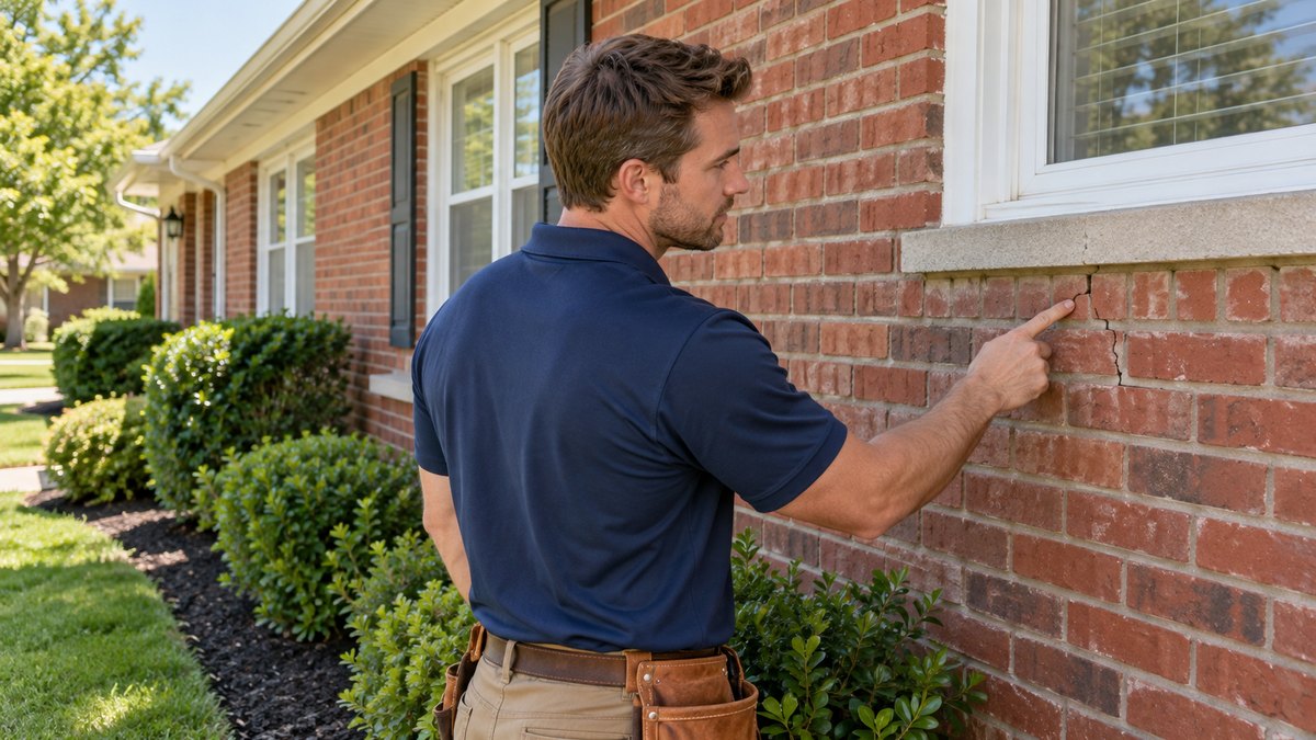 How to Compare Foundation Repair Quotes and Warranties in Oklahoma Foundation repair quotes in Oklahoma start with an inspection, a technician pointing at a stair-step crack below a window on a brick home