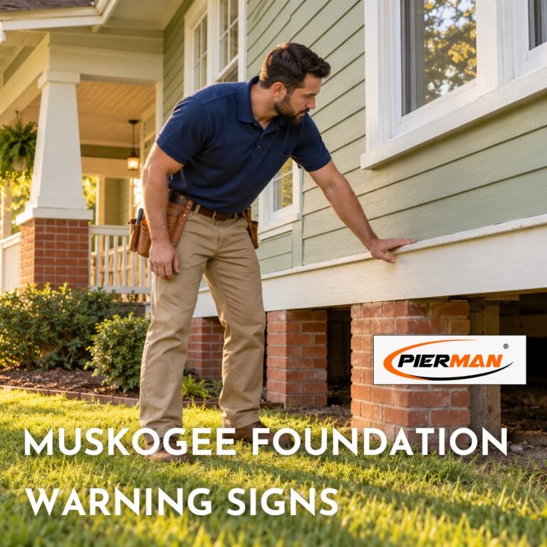 Muskogee foundation warning signs, a technician checking the sill above the brick piers of an older pier and beam home