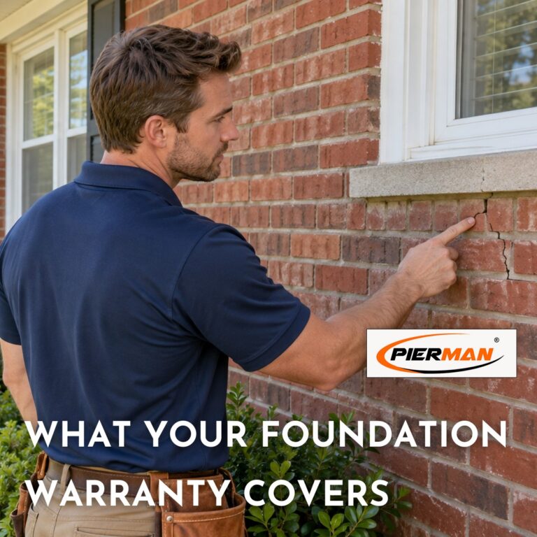 What your foundation warranty covers, a technician pointing at a stair-step crack below a window on a brick home